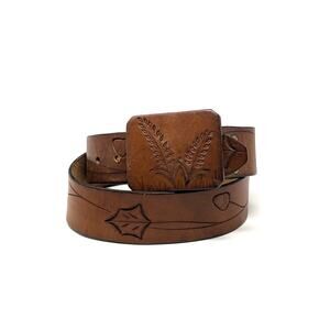Harry's Leather Hand Crafter Leather Belt Brown Acorns Leaves Country Western